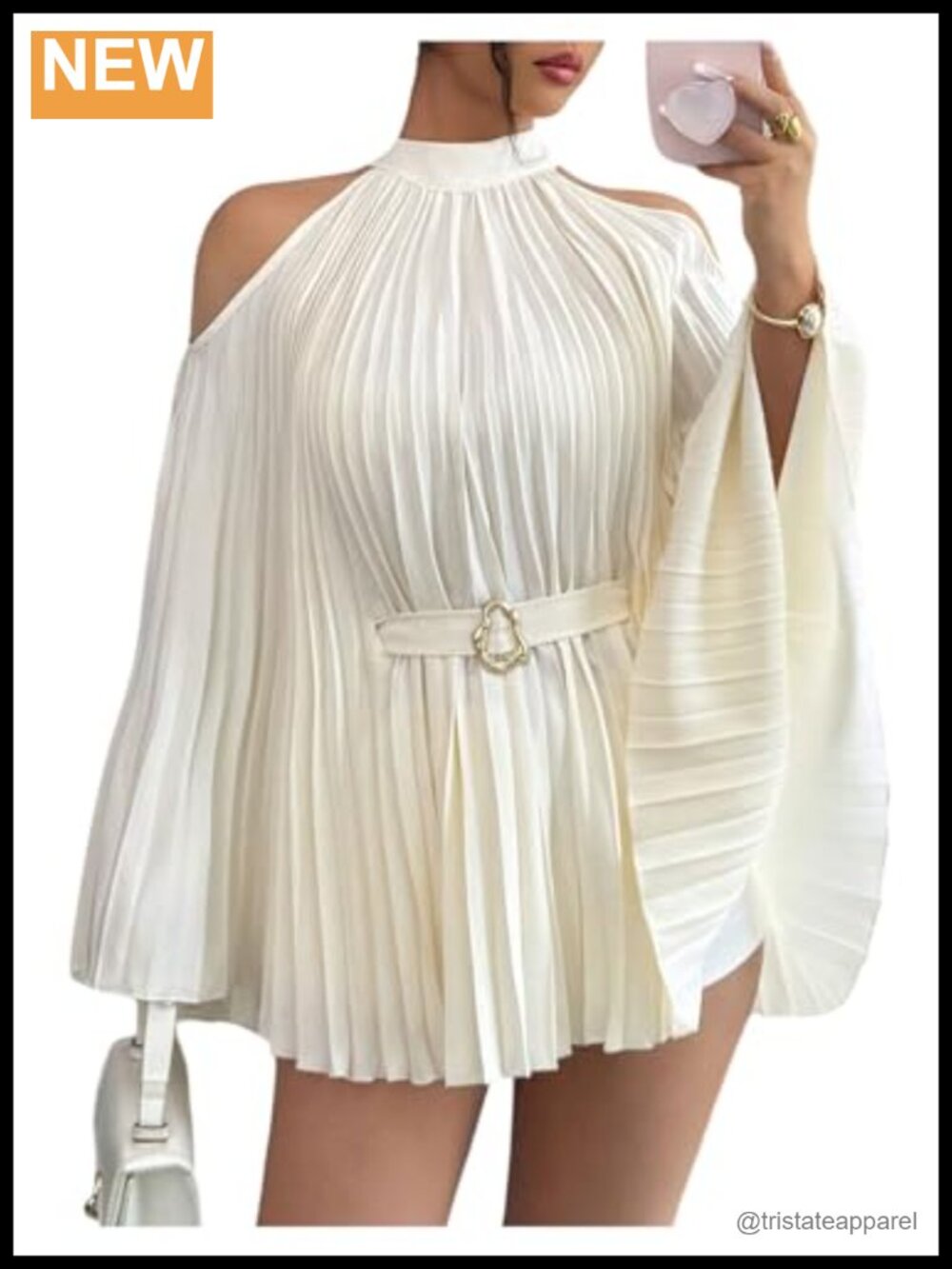 Pleated Cold Shoulder Halter Dolman Sleeve Blouse